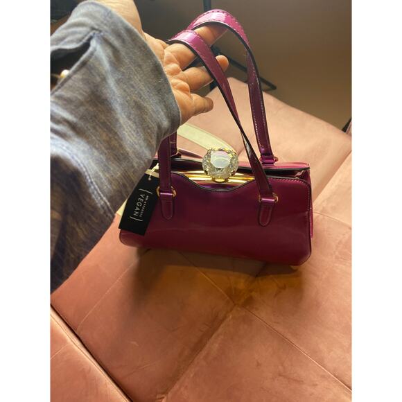 Le Miel Purple Glossy Patent Leather Faux Diamond 2-n-1 2x Handle Handbag RARE - Picture 14 of 16